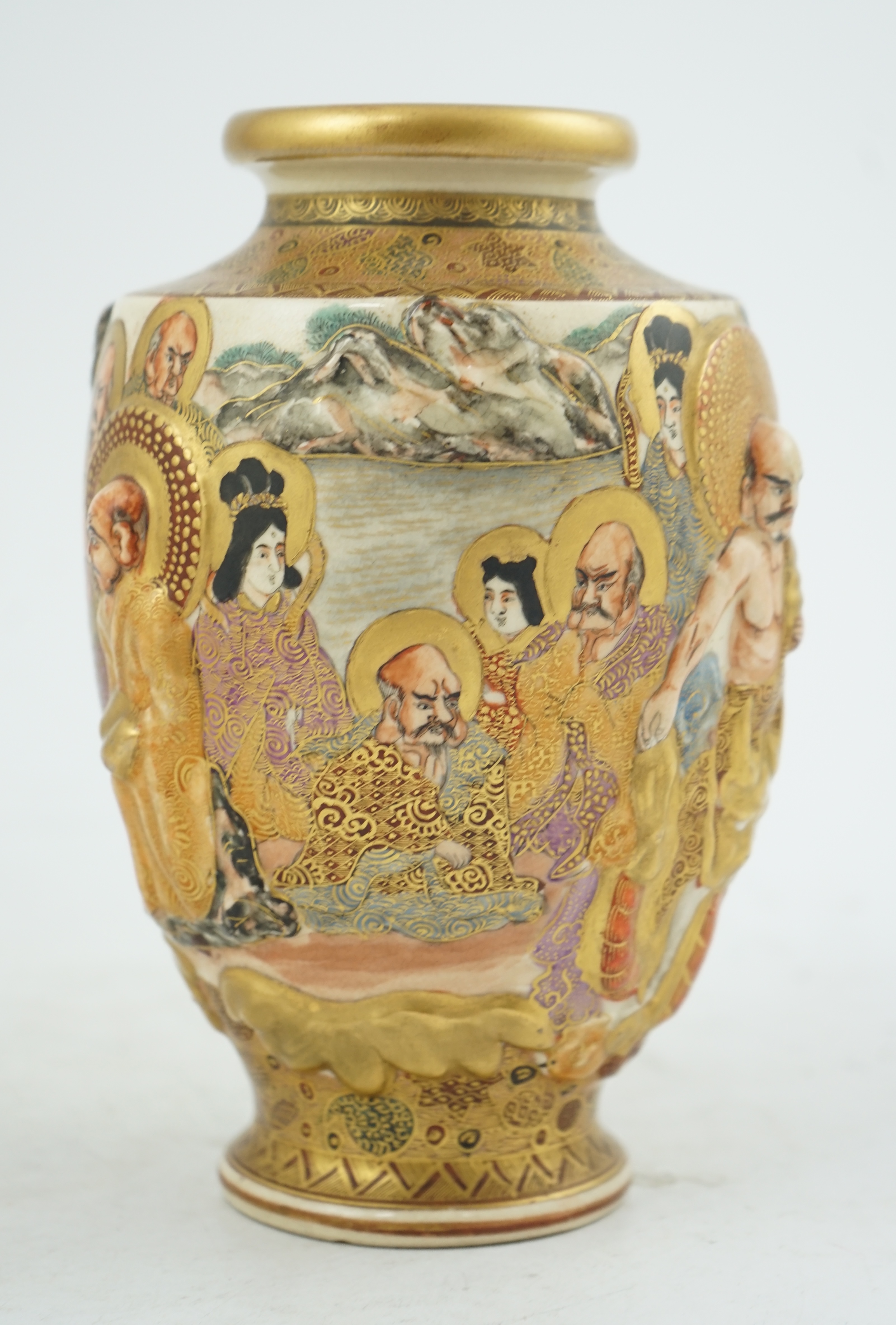 A Japanese Satsuma relief moulded ‘rakan’ vase, Meiji period